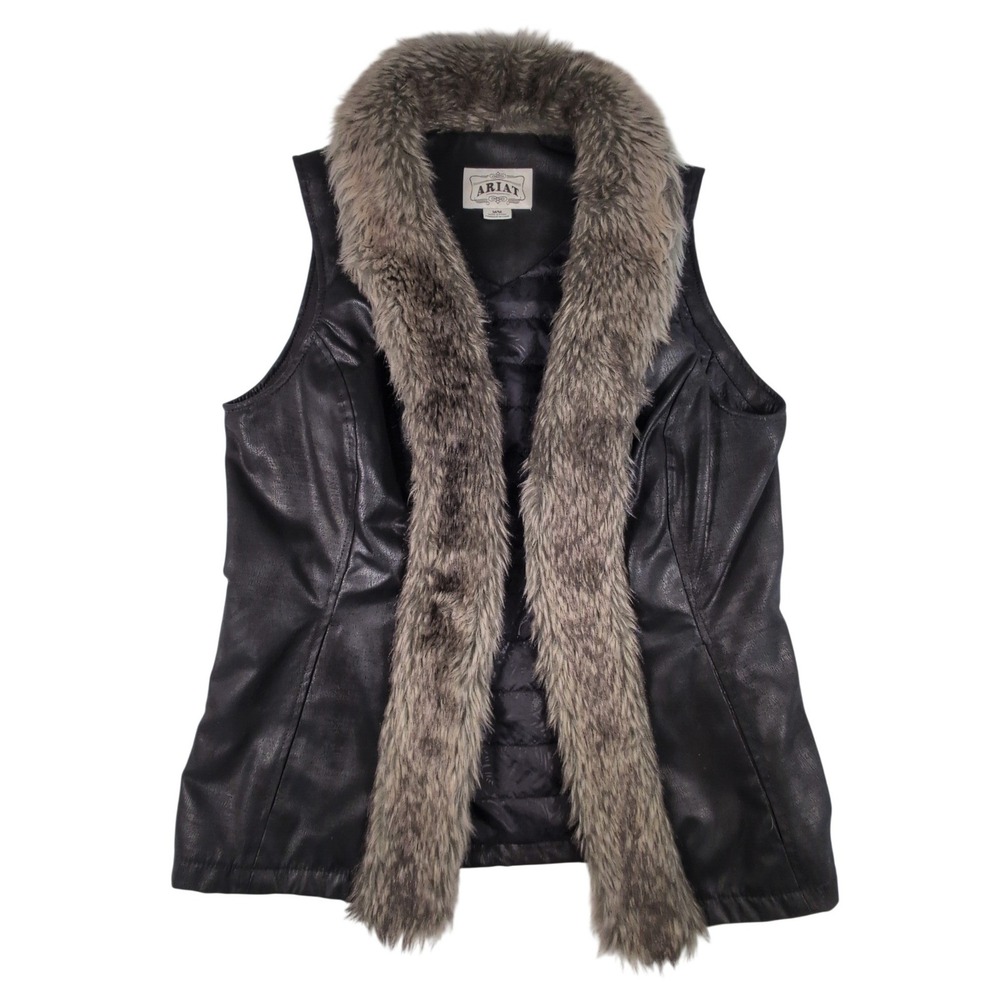 Ariat Womens Black Faux Leather Vest Swirls Faux Fur Trim Paisley Western Size M